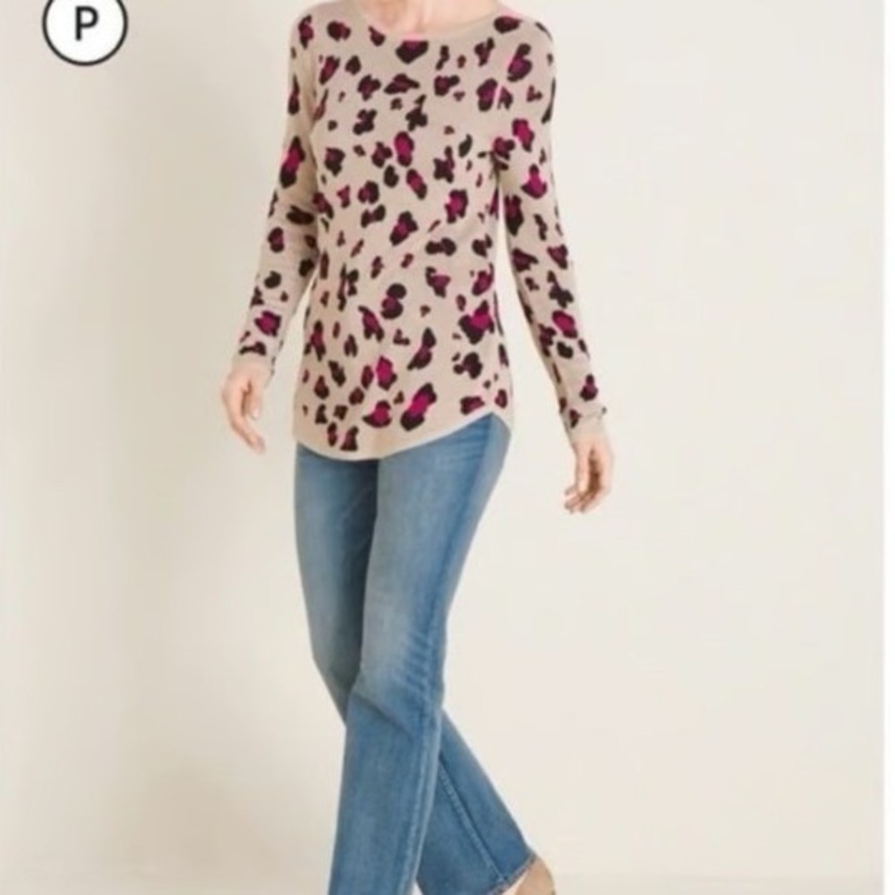 Chico's US Size‎ SP Beige Sweater Pink Cheetah Leopard Print Rayon Boat Neck